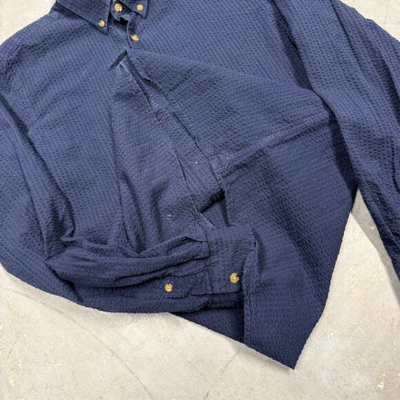 Hast Paris Searsucker Shirt Long Sleeve Button Down Blue Cotton Medium - Picture 7 of 8